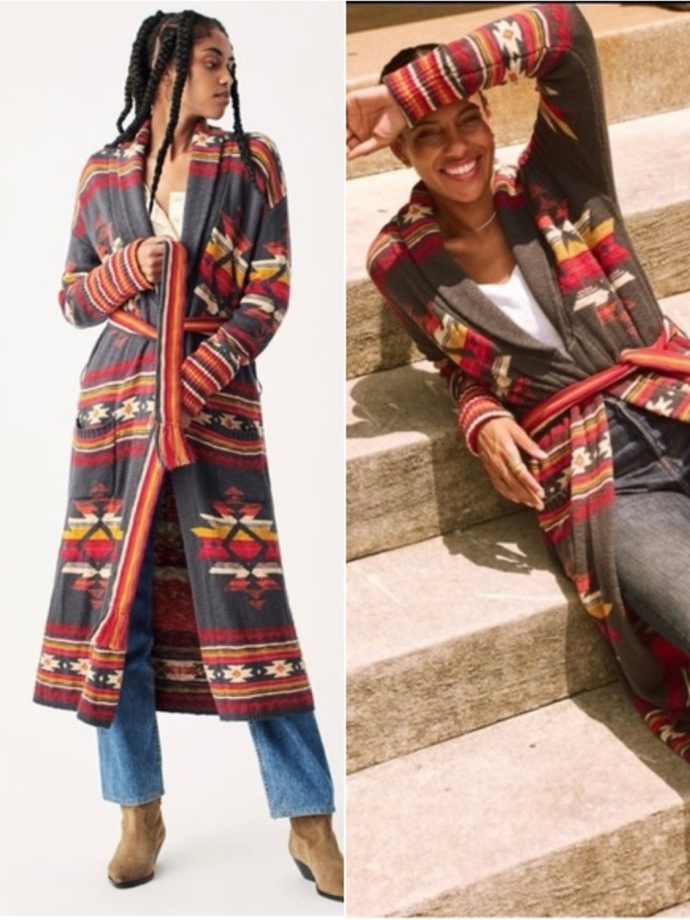Faherty Paloma Duster Cardigan XS Thunderbird Print Wrap Belt Boho Southwestern​